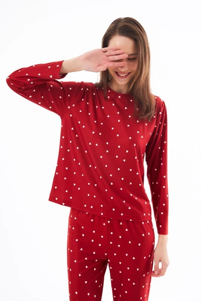 Yazlık Kadın Pijama Takımı Kırmızı Kalp Desenli Yumuşak Dokulu Bisiklet Yaka Uzun Kollu Cottonhıll - Resim 7