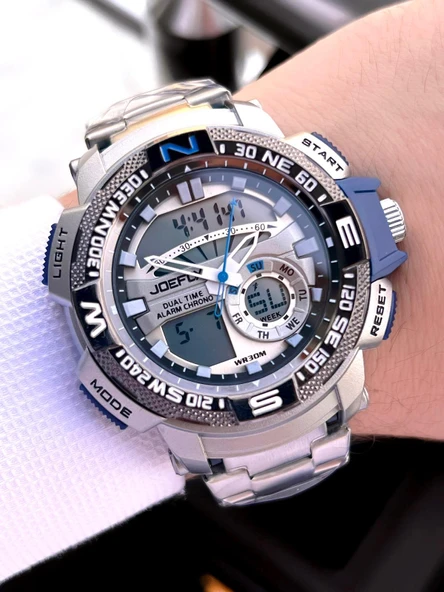 Joefox Çelik Kordon Dijital Ve Analog 2 Yıl Garantili 3 Atm Suya Dayanıklı Erkek Kol Saati JOE1.LC02 ürün görseli