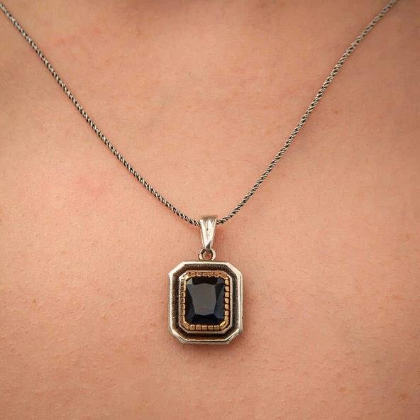 Lucky Life Gümüş Lacivert Taşlı Dikdörtgen Kadın Kolye - Resim 2