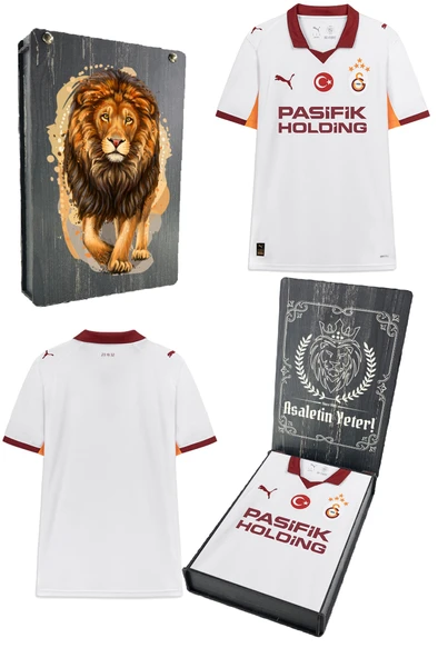 Galatasaray Orijinal 2025/26 Yeni Sezon Beyaz Forma Aslan Baskılı Hediyelik Ahşap Kutulu ürün görseli 1
