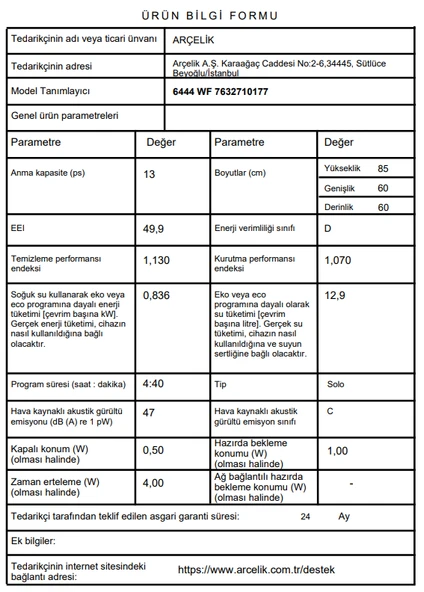 Arçelik 6444 WF 4 Programlı 13 Kişilik Bulaşık Makinesi - Resim 7