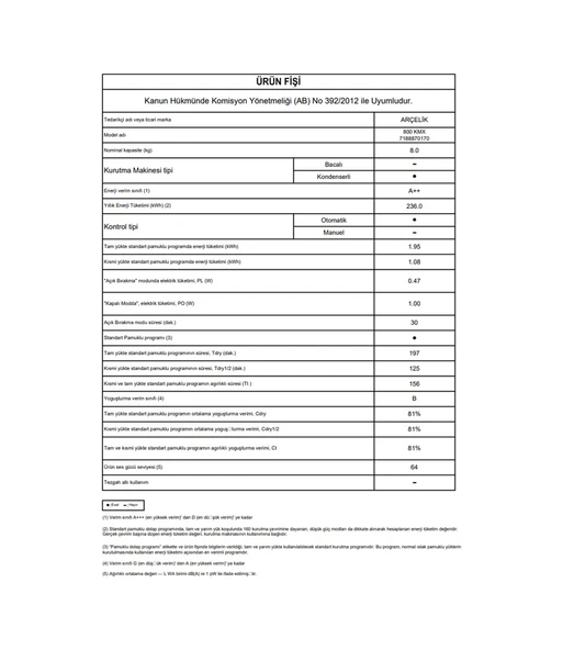 Arçelik 800 KMX 8 KG A++ Isı Pompalı Kurutma Makinesi - Resim 7