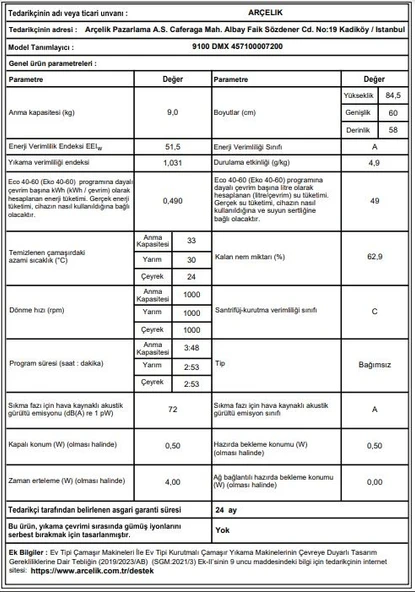 Arçelik 9100 DMX 1000 Devir 9 KG Çamaşır Makinesi - Resim 7