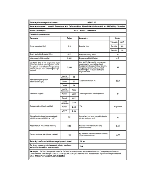 Arçelik 9120 DMX 1200 Devir 9 KG Çamaşır Makinesi - Resim 8