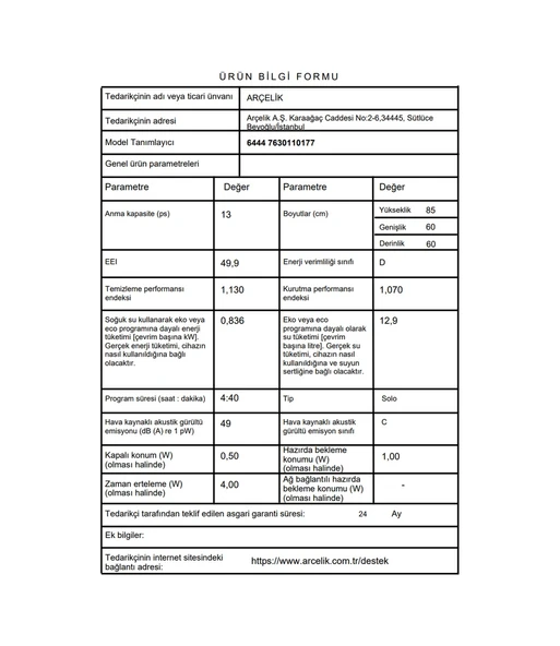 Arçelik 6444 13 Kişilik 4 Programlı Bulaşık Makinesi - Resim 7