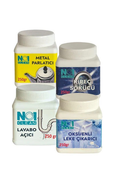 no1 clean Temizlik Seti 4 X 250 Gr Oksijenli Leke Sökücü + Lavabo Açıcı + Kireç Sökücü + Metal Parlatıcı