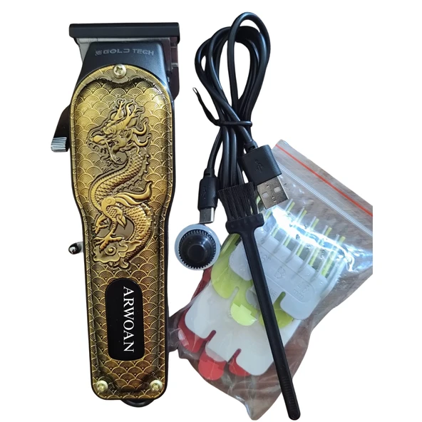 Arwoan Gold Dragon Kabartmalı Metal Gövdeli Kablosuz Profesyonel Saç Kesme Makinesi - Resim 6