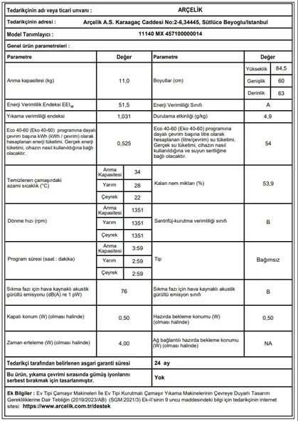 Arçelik 11140 MX 11 Kg Çamaşır Makinesi - Resim 7
