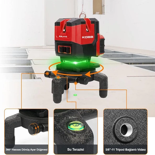 KOBB KBL41G 30Metre 4x90⁰/1x360⁰ Otomatik Hizalamalı Li-ion Çift Akülü Profesyonel Yeşil Çapraz Çizgi Lazer Distomat - 12