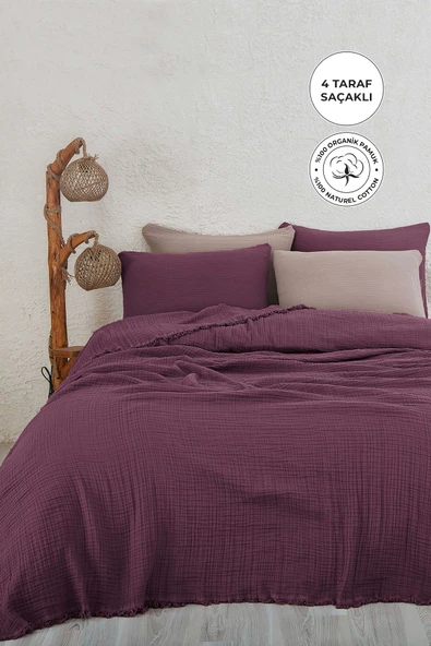 %100 Pamuk Müslin Yatak Örtüsü Battal Boy Çift Kişilik 4 Katlı Müslin Pike Takımı 3 Parça Siyah