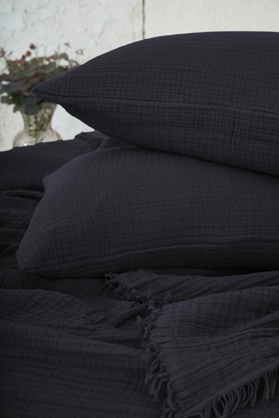 %100 Pamuk Müslin Yatak Örtüsü Battal Boy Çift Kişilik 4 Katlı Müslin Pike Takımı 3 Parça Siyah - 5