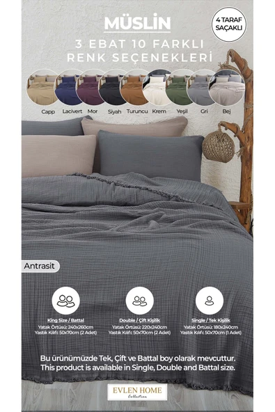 %100 Pamuk Müslin Yatak Örtüsü Battal Boy Çift Kişilik 4 Katlı Müslin Pike Takımı 3 Parça Siyah - 7
