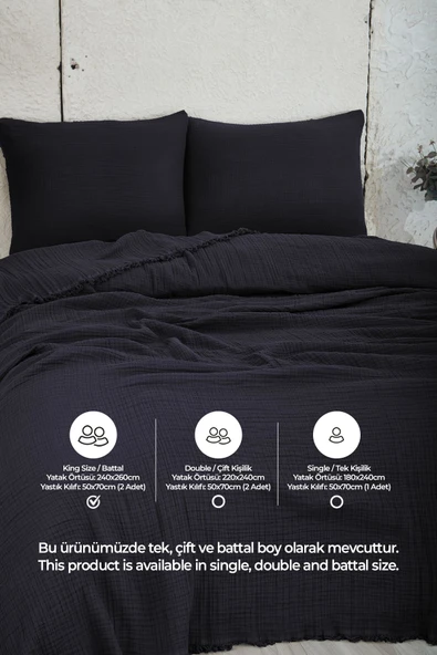%100 Pamuk Müslin Yatak Örtüsü Battal Boy Çift Kişilik 4 Katlı Müslin Pike Takımı 3 Parça Siyah - 3