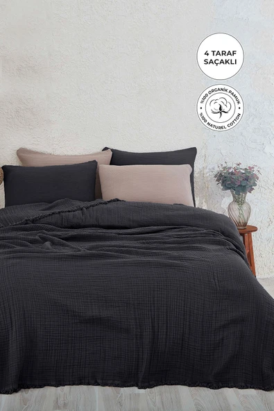 %100 Pamuk Müslin Yatak Örtüsü Battal Boy Çift Kişilik 4 Katlı Müslin Pike Takımı 3 Parça Siyah