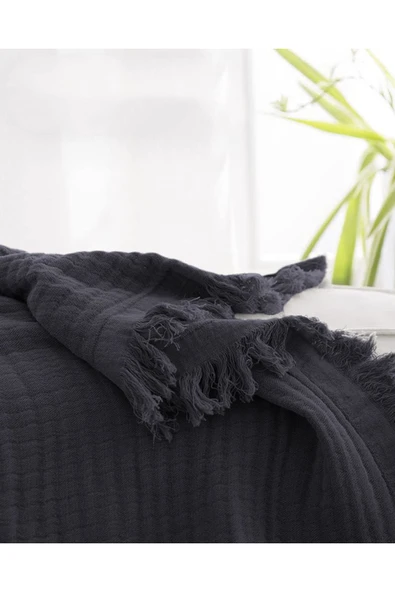 %100 Pamuk Müslin Yatak Örtüsü Battal Boy Çift Kişilik 4 Katlı Müslin Pike Takımı 3 Parça Siyah - 4