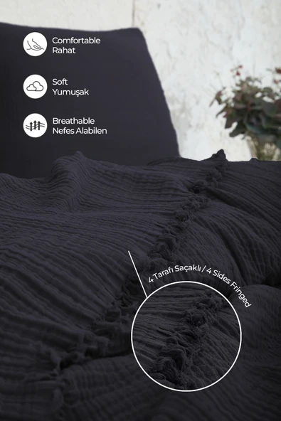 %100 Pamuk Müslin Yatak Örtüsü Battal Boy Çift Kişilik 4 Katlı Müslin Pike Takımı 3 Parça Siyah - 2