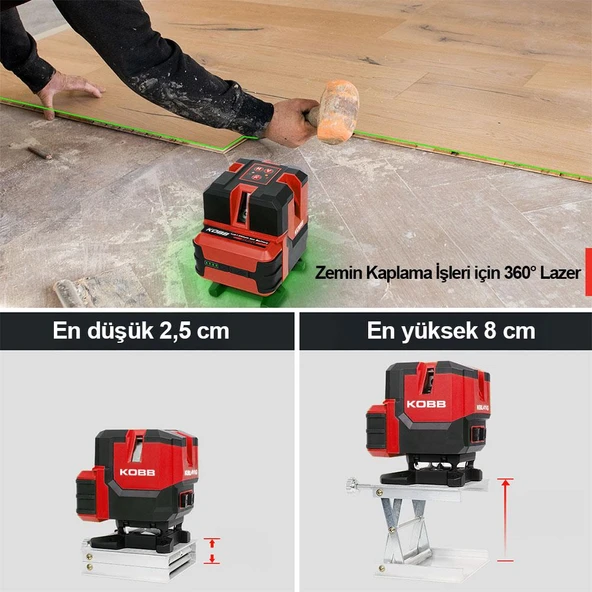 KOBB KBL41GTP 30M 4x90⁰/1x360⁰ Otomatik Hizalamalı Li-ion Çift Akü Profesyonel Yeşil Çizgi Lazer Distomat + Tripod - 11
