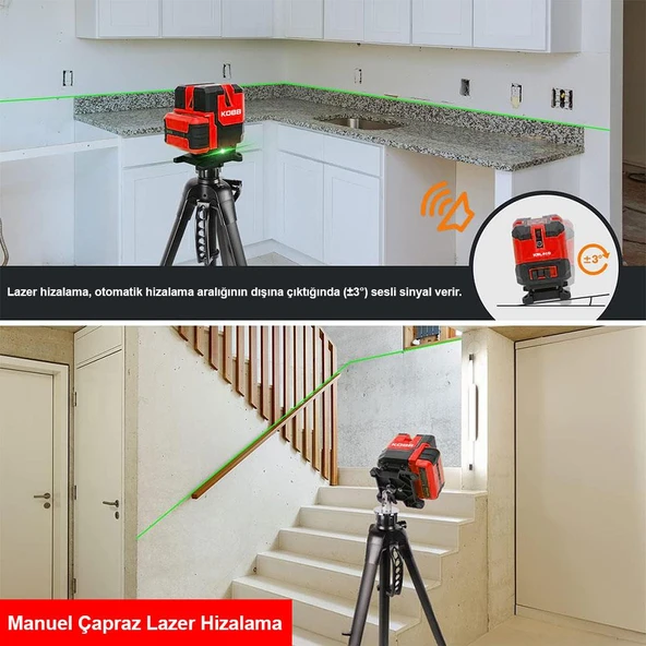 KOBB KBL41GTP 30M 4x90⁰/1x360⁰ Otomatik Hizalamalı Li-ion Çift Akü Profesyonel Yeşil Çizgi Lazer Distomat + Tripod - 9