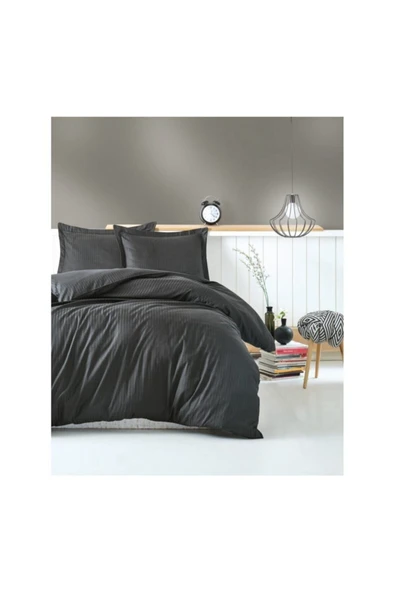 Antrasit Elegant Stipe Saten Çift Kişilik Nevresim Takımı ürün görseli