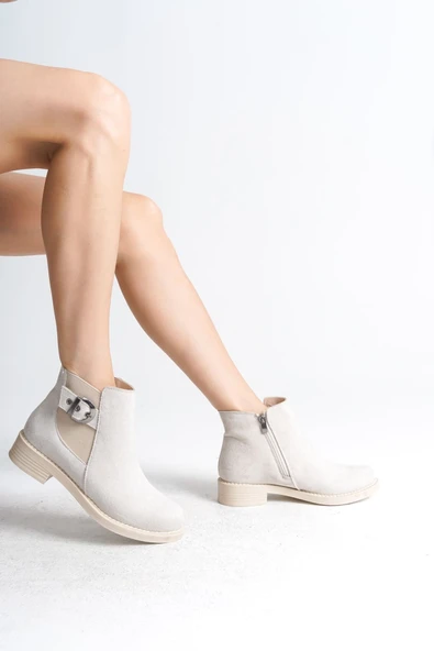 JET-LUNA Fermuarlı Lastikli Ortopedik Taban Topuklu Süet Kadın Bot SKT - Krem - Resim 4