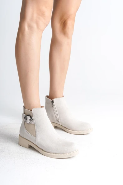 JET-LUNA Fermuarlı Lastikli Ortopedik Taban Topuklu Süet Kadın Bot SKT - Krem ürün görseli