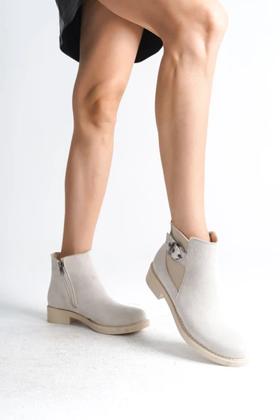 JET-LUNA Fermuarlı Lastikli Ortopedik Taban Topuklu Süet Kadın Bot SKT - Krem - Resim 2