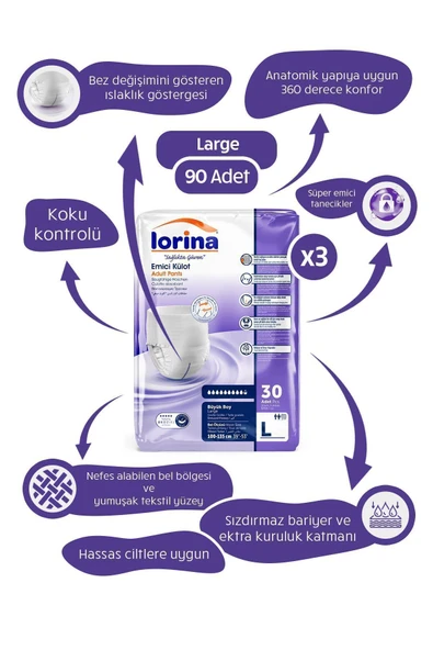 Lorina Yetişkin Emici Külot Large 30'lu 3 Paket 90 Adet ürün görseli 1