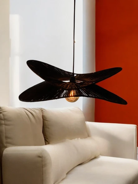 Siyah Nova 65x65cm Bohem Avize Hasır Avize Rüstik Avize Jüt Avize Doğal Avize Tavan Aydınlatması - Resim 3