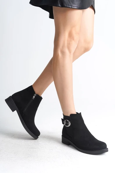 JET-LUNA Fermuarlı Lastikli Ortopedik Taban Topuklu Süet Kadın Bot  SST - Siyah - Resim 2