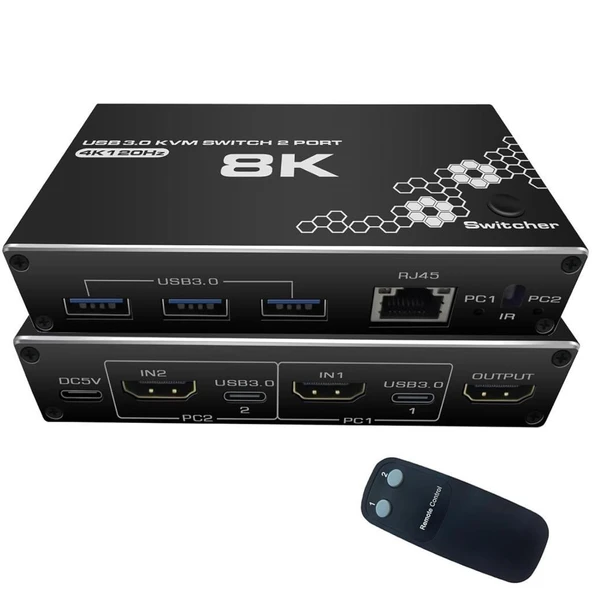 4669 Kumandalı Usb 3.0 4k Hdmi Kvm Switch 2 Port Rj45 Ethernet Pc Kasa Klavye Mouse Çoklayıcı