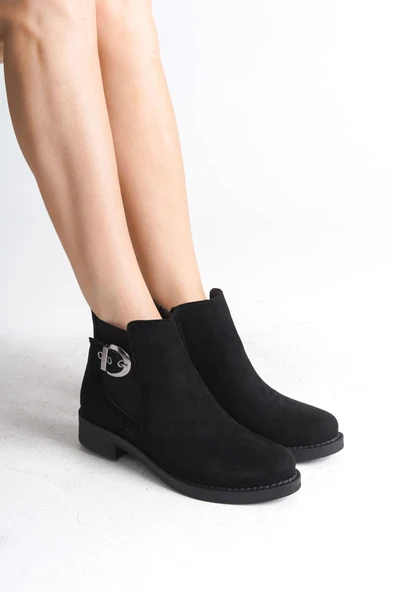 JET-LUNA Fermuarlı Lastikli Ortopedik Taban Topuklu Süet Kadın Bot  SST - Siyah ürün görseli