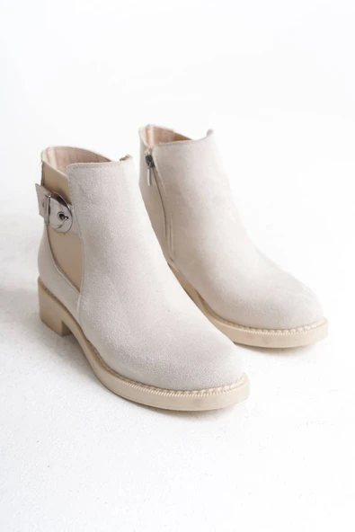 JET-LUNA Fermuarlı Lastikli Ortopedik Taban Topuklu Süet Kadın Bot SKT - Krem - Resim 5