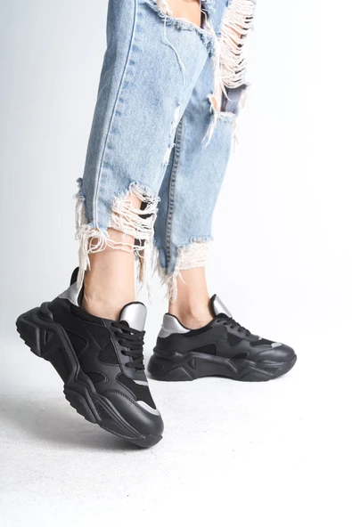 JET-TOKYO Bağcıklı Ortopedik Taban Triko Detaylı Kadın Spor Ayakkabı  TST - Siyah/Gri - Resim 2