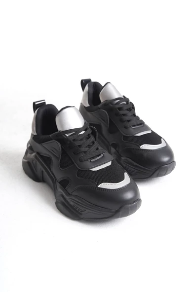 JET-TOKYO Bağcıklı Ortopedik Taban Triko Detaylı Kadın Spor Ayakkabı  TST - Siyah/Gri - Resim 5