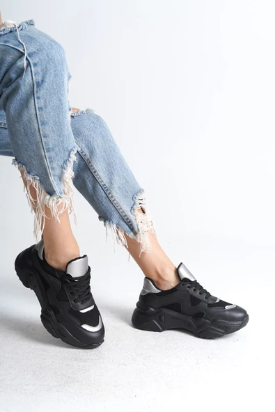 JET-TOKYO Bağcıklı Ortopedik Taban Triko Detaylı Kadın Spor Ayakkabı  TST - Siyah/Gri ürün görseli