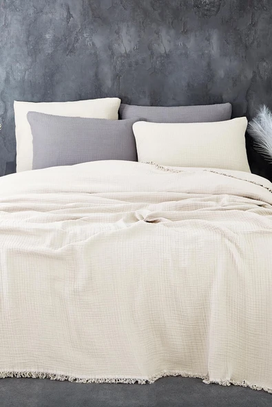 Müslin%100 Pamuk Tek Kişilik Yatak Örtüsü (Pike) Takımı 4 Katlı Yumuşak Battaniye 2 Parça Beyaz