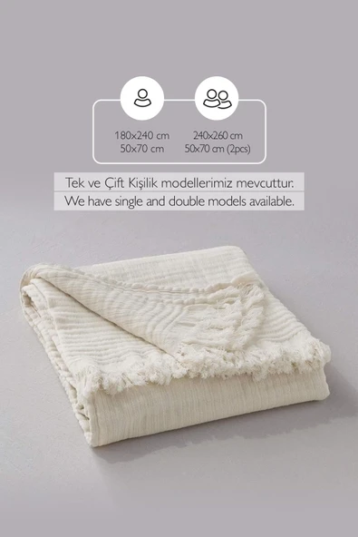 Müslin%100 Pamuk Tek Kişilik Yatak Örtüsü (Pike) Takımı 4 Katlı Yumuşak Battaniye 2 Parça Beyaz - 5