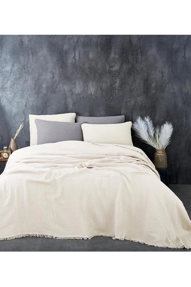 Müslin%100 Pamuk Tek Kişilik Yatak Örtüsü (Pike) Takımı 4 Katlı Yumuşak Battaniye 2 Parça Beyaz - 7