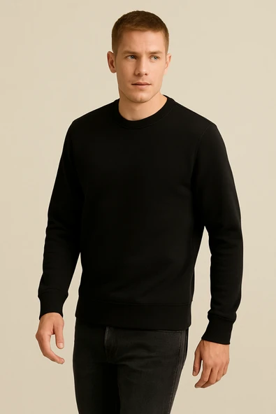 Erkek Üç İp Şardonsuz Sweatshirt Siyah