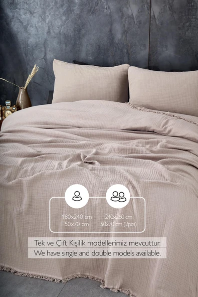 Müslin%100 Pamuk Tek Kişilik Yatak Örtüsü (Pike) Takımı 4 Katlı Yumuşak Battaniye 2 Parça Bej - 3
