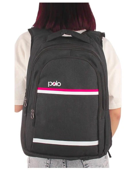 Temel My Polo Sırt Çantası Pembe Beyaz Çizgili Füme 8860 - Resim 2