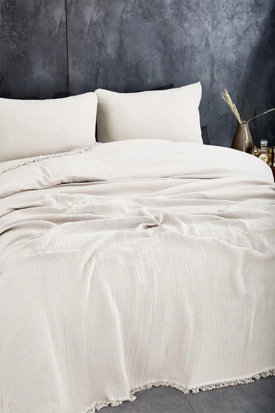 Müslin%100 Pamuk Tek Kişilik Yatak Örtüsü (Pike) Takımı 4 Katlı Yumuşak Battaniye 2 Parça Beyaz - 3