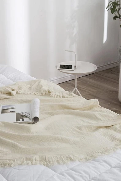 Müslin%100 Pamuk Tek Kişilik Yatak Örtüsü (Pike) Takımı 4 Katlı Yumuşak Battaniye 2 Parça Beyaz - 6