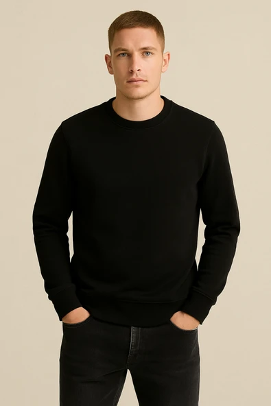 Erkek Üç İp Şardonsuz Sweatshirt Siyah - 4