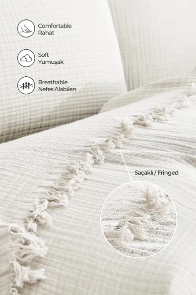 Müslin%100 Pamuk Tek Kişilik Yatak Örtüsü (Pike) Takımı 4 Katlı Yumuşak Battaniye 2 Parça Beyaz - 2
