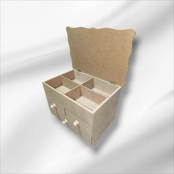 Ahşap-boyanabilir-bölmeli-çekmeceli- Takı-makyaj-aksesuar Dekoratif-çok Amaçlı Organizer Kutu - 6