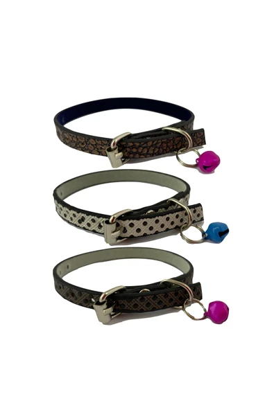 3'lü Zilli Deri Kedi Tasması 30 cm ürün görseli 1