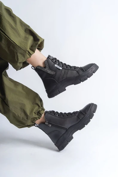 JET-AMBER Bağcıklı Fermuarlı Ortopedik TabanKadın Bot  CST - Siyah - Resim 2