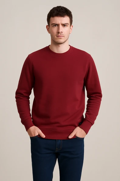 Erkek Üç İp Şardonsuz Sweatshirt Bordo - 2