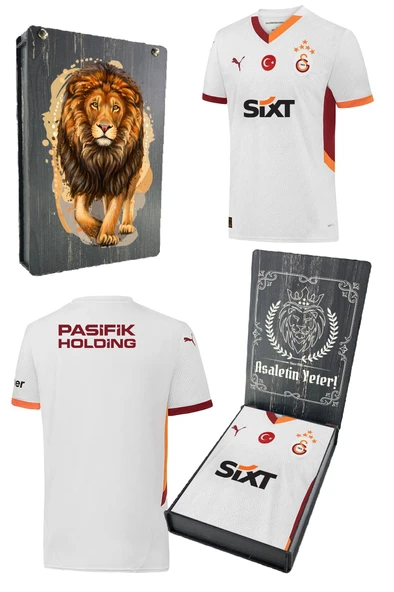 Galatasaray Orijinal 2024/25 5 Yıldızlı Beyaz Deplasman Forma Aslan Baskılı Hediyelik Ahşap Kutulu ürün görseli 1
